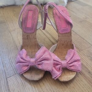 Betsey Johnson,‎ Fran Metallic Pink Bow Tie & Cork Strappy Heels, Size 7- NWOT!